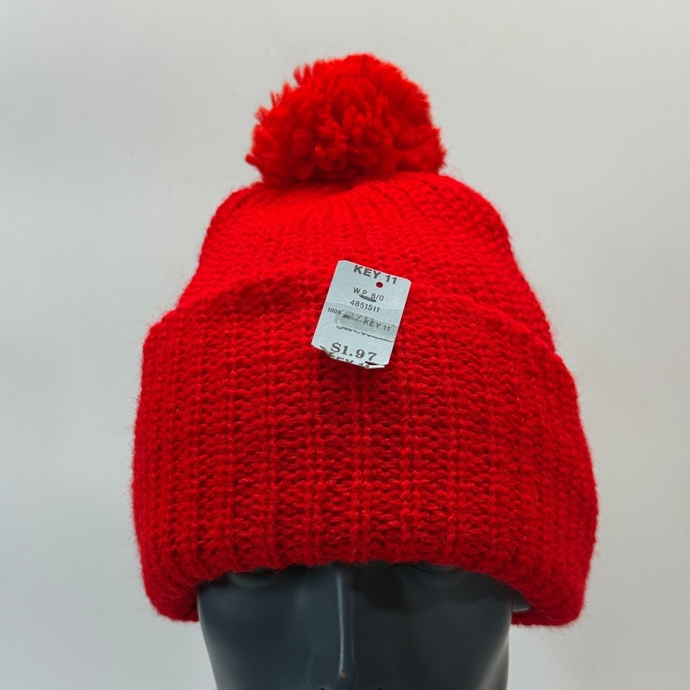 Vintage‎ Kmart Beanie Hat Adult Red Pom Pom Winter